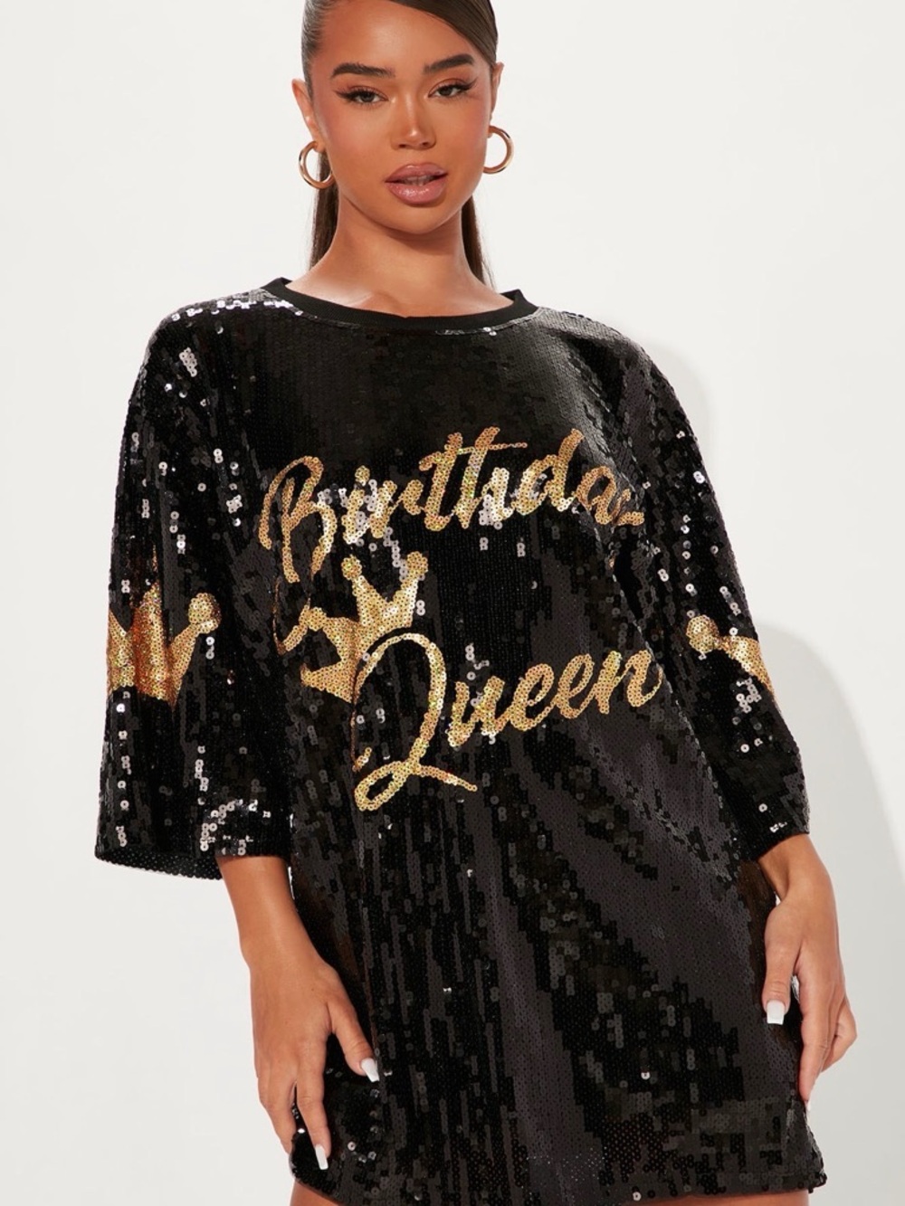 Fashion Nova Black Sequin 'Birthday Queen' Tunic with Gold Script - Plus Size